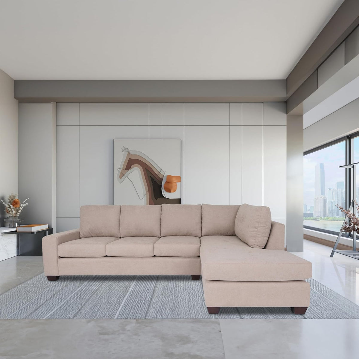 Tan Polyester Nylon L Shaped Sectional Sofa with Solid Wood Frame D6760