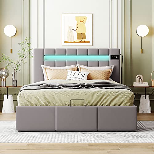Queen Velvet Upholstered Storage Bed with LED Light S726