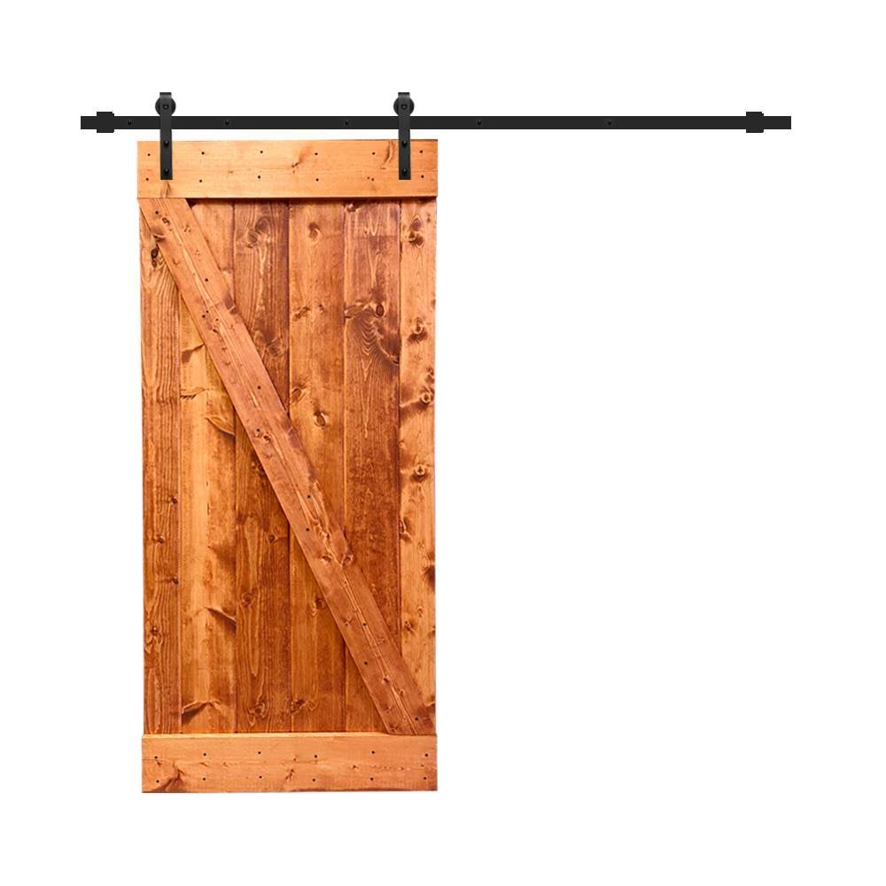 24 in. x 84 in. Red Walnut Stained Solid Knotty Pine Wood Interior Sliding Barn Door with Hardware Kit H169367