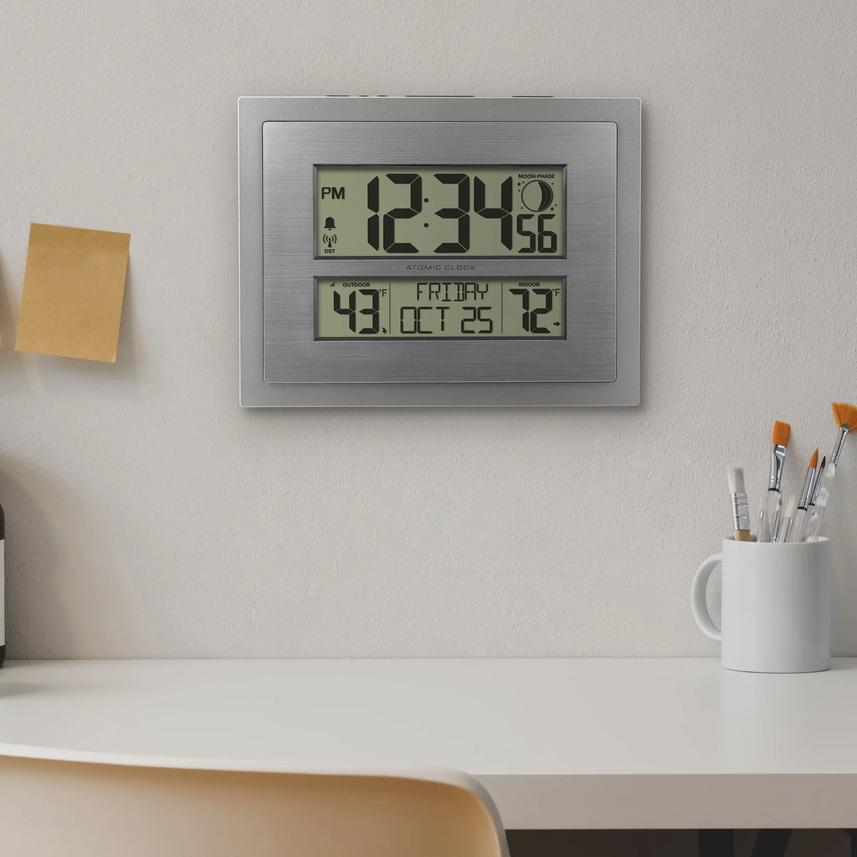 Silver Atomic Wall Clock with Moon Phase and Calendar W9390