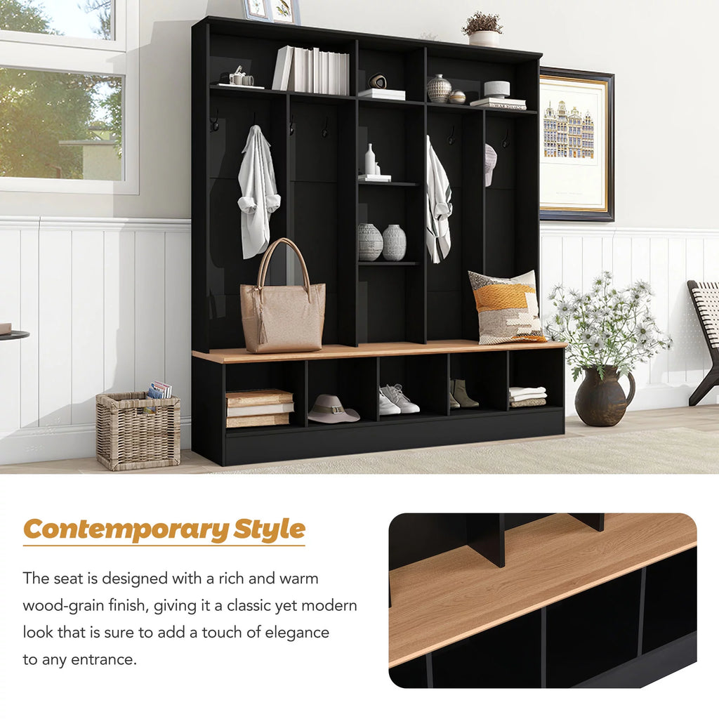 Black Hall Tree with Storage Bench and 8 Hooks V44327