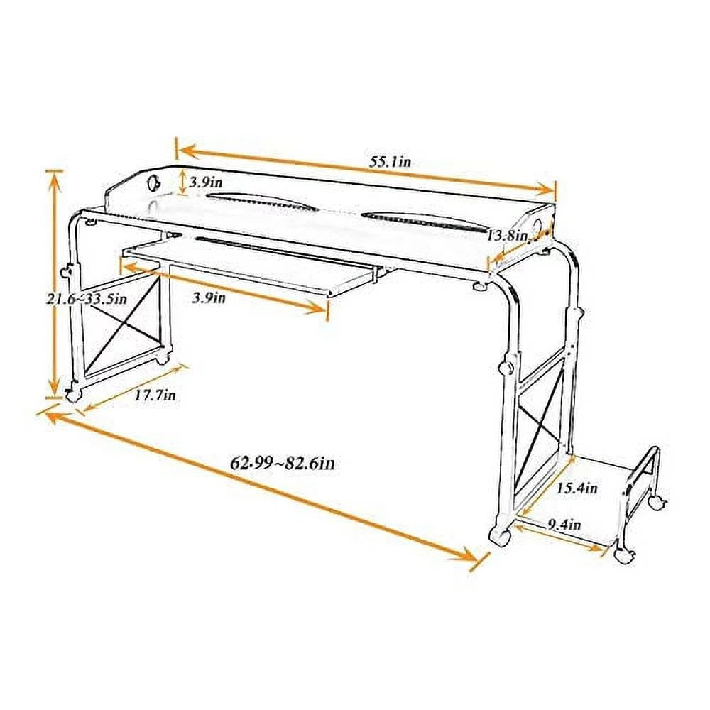 55.1" Adjustable Height Overbed Desk with Wheels Black N4516