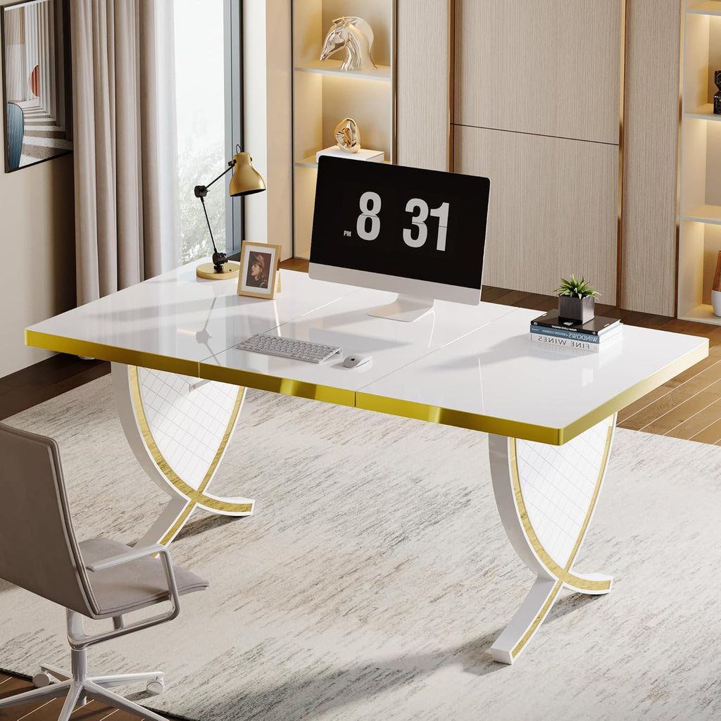 White & Gold 63" Glossy Computer Desk W755301