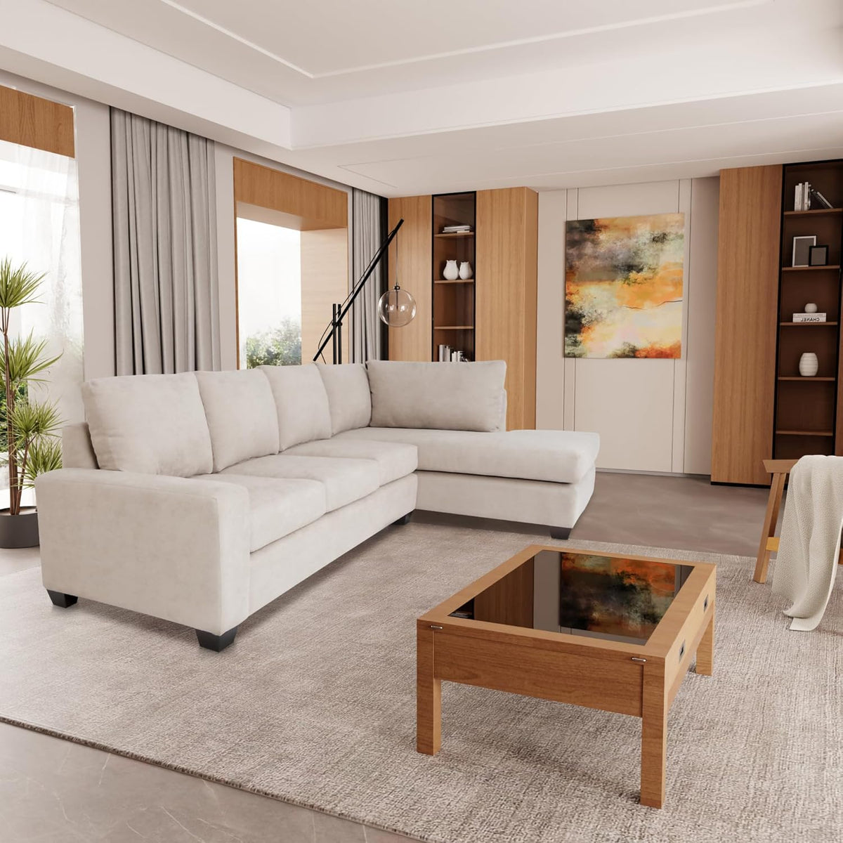 Tan Polyester Nylon L Shaped Sectional Sofa with Solid Wood Frame D6760