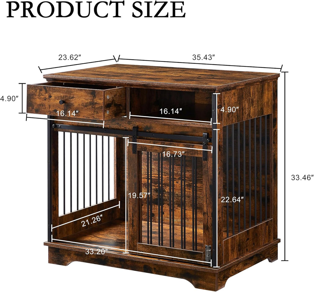 Rustic Brown Wooden Dog Crate with Sliding Barn Door and Storage Drawers X946