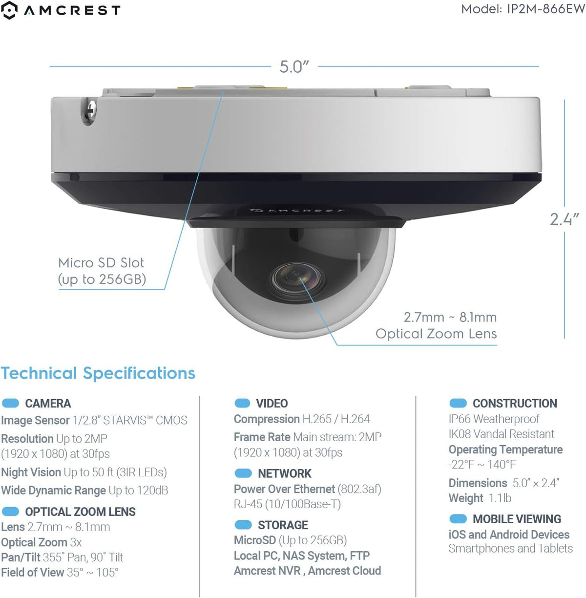 1080P PTZ Outdoor IP PoE Camera with 3X Optical Zoom, Night Vision up to 49ft, Pan/Tilt K349