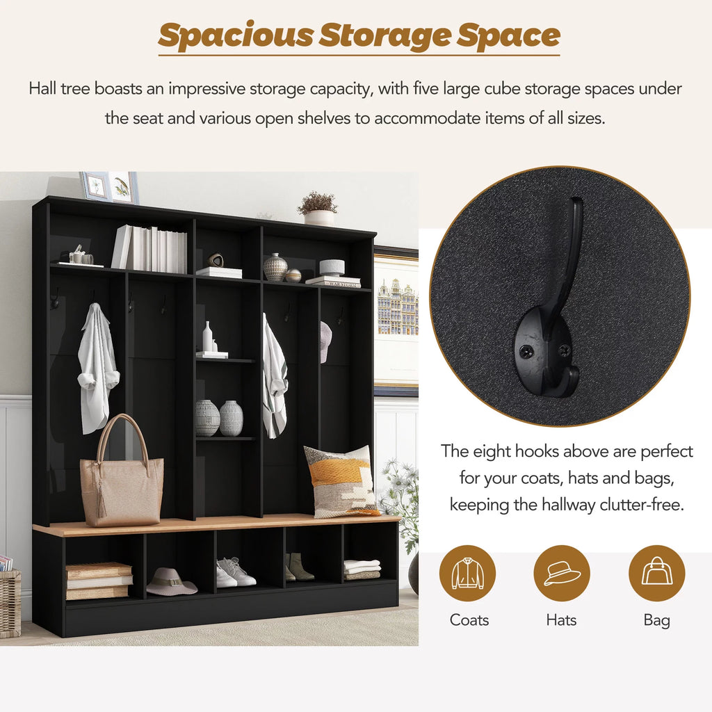 Black Hall Tree with Storage Bench and 8 Hooks V44327