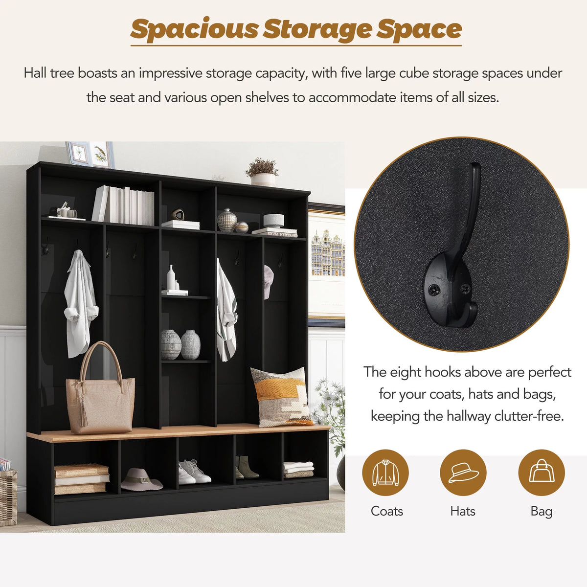 Black Hall Tree with Storage Bench and 8 Hooks V44327