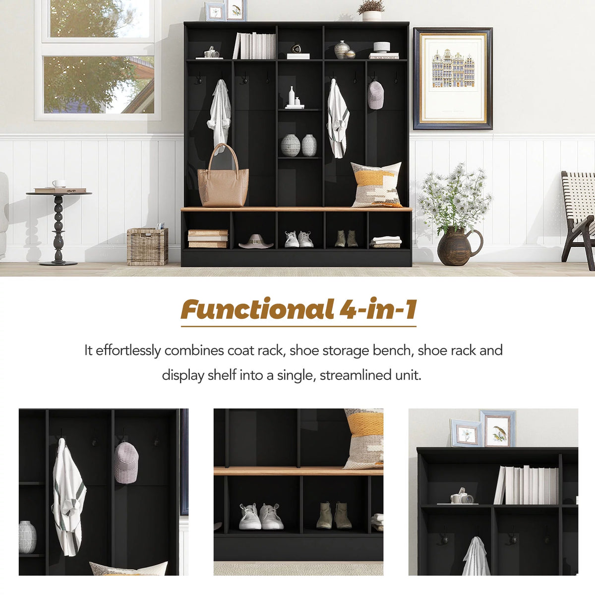 Black Hall Tree with Storage Bench and 8 Hooks V44327