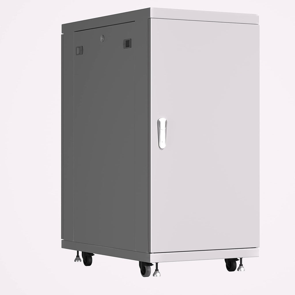 18U Locking Server Rack Cabinet with Casters, Shelf, Cooling Fan, Thermostat, PDU, Light Grey T7100