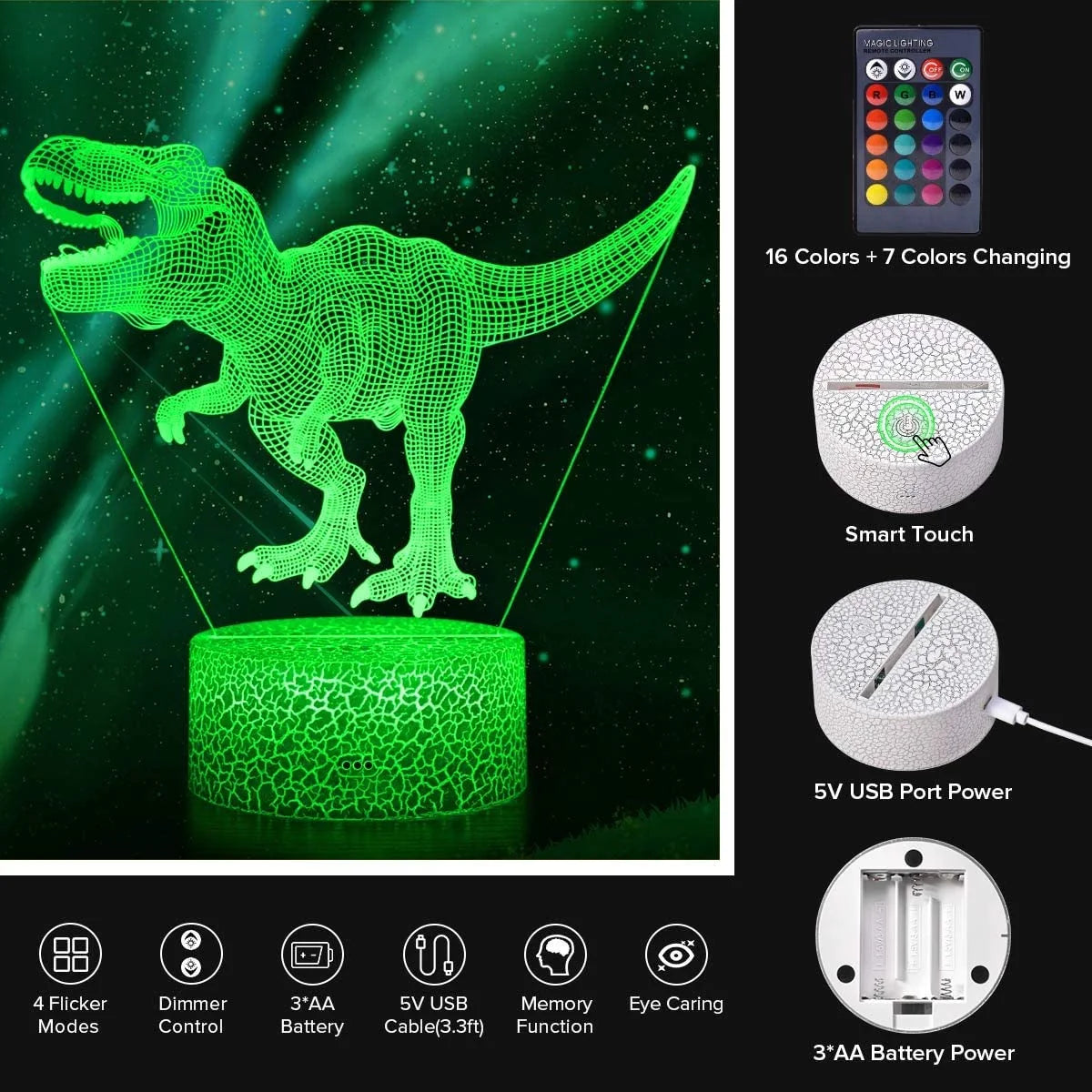 3D Dinosaur Night Light with Remote & Touch, 7 Colors + 16 Colors Changing Dimmable G287