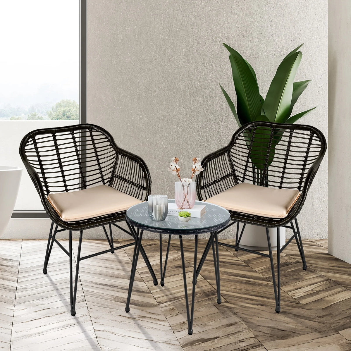 3 Piece PE Rattan Wicker Bistro Set with Cushions Z8383
