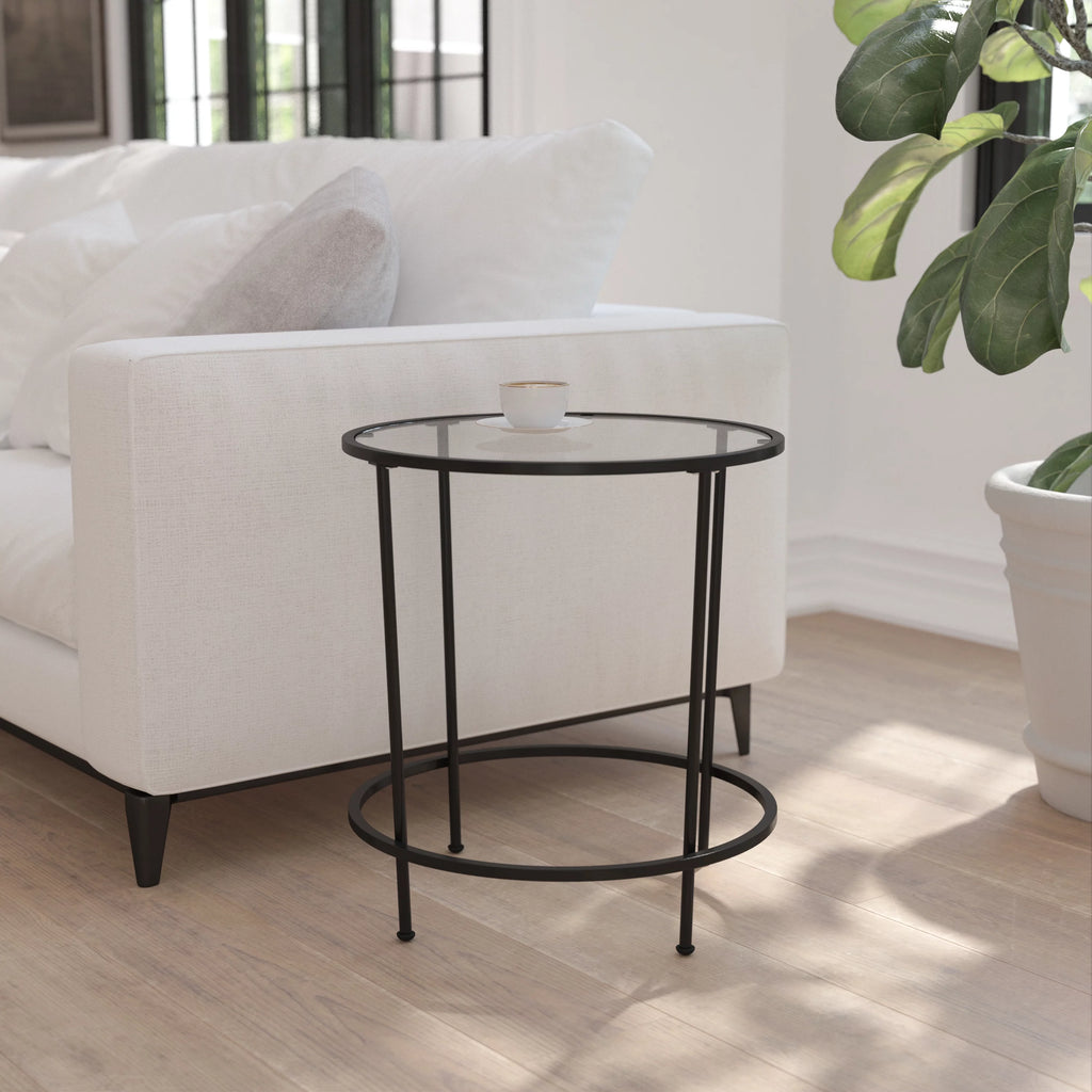 Round Glass End Table with Black Frame E438