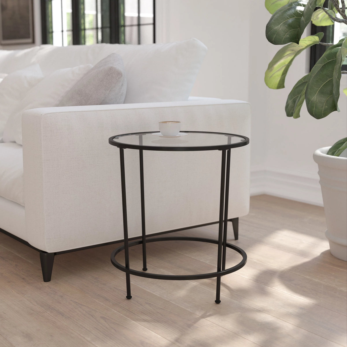 Round Glass End Table with Black Frame E438