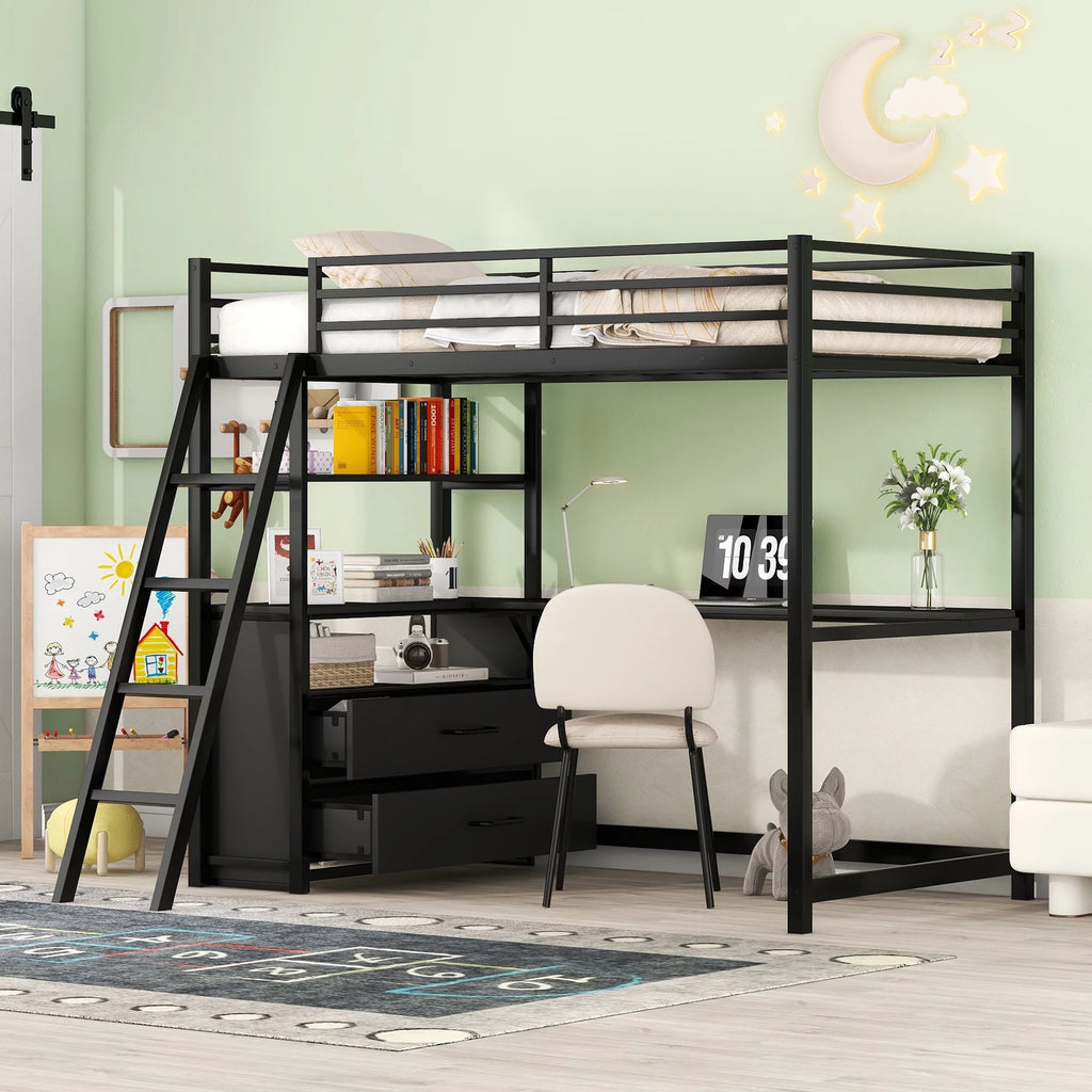 Twin Size Metal Wood Loft Bed with Desk Shelf and Drawers Black S342455