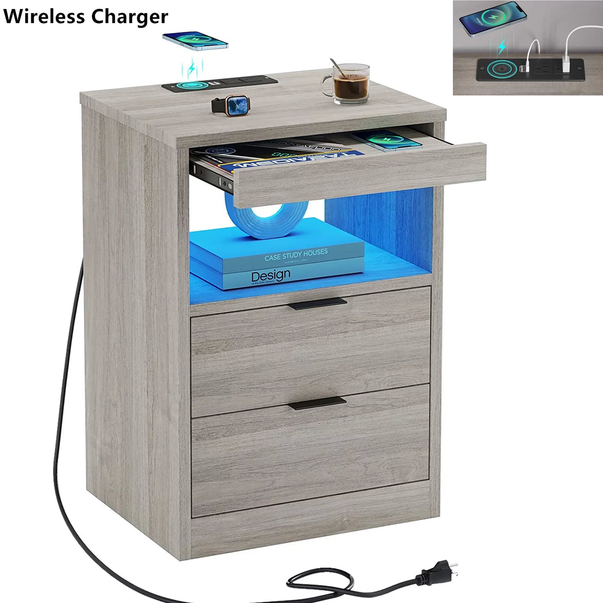 Set of 2 Black LED Nightstand with Wireless Charging Station & 2 Drawers J474