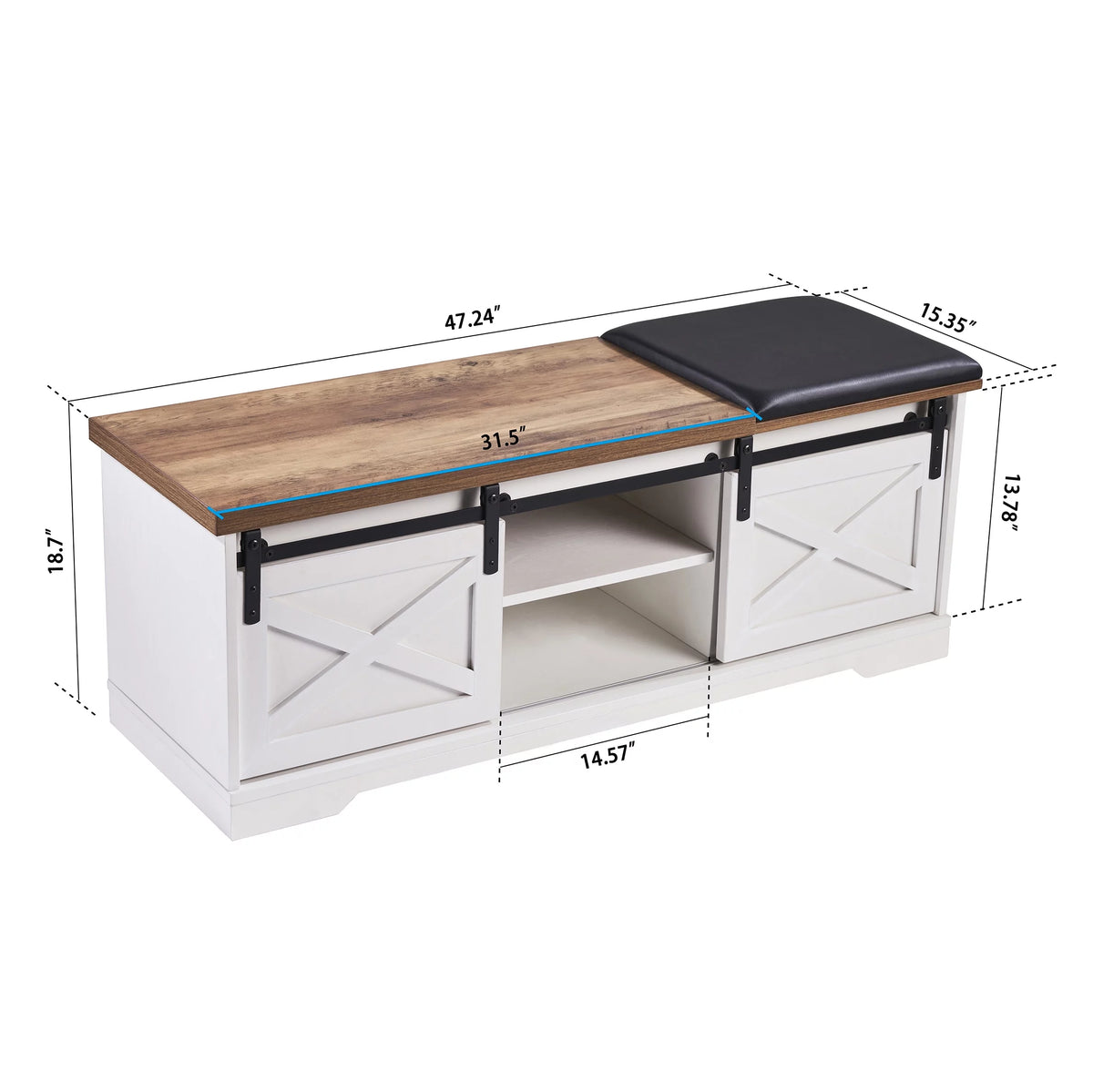 White 47-inch Shoe Storage Bench with Sliding Barn Door W34982