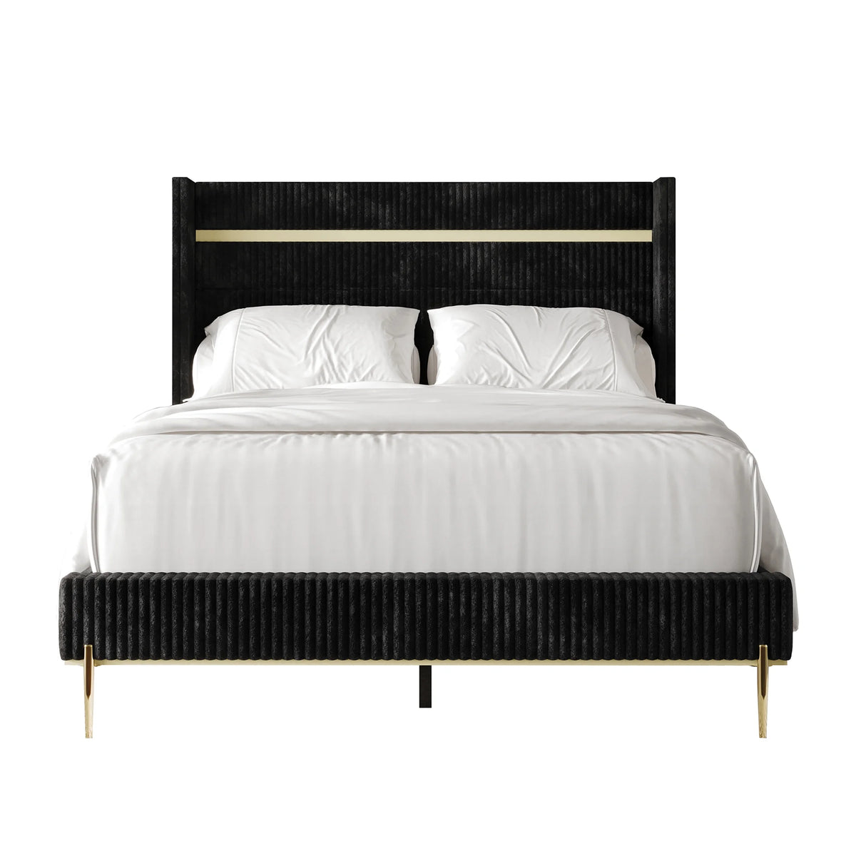 Gold PU Strip Wingback Velvet Upholstered Bed Black, Full C1777