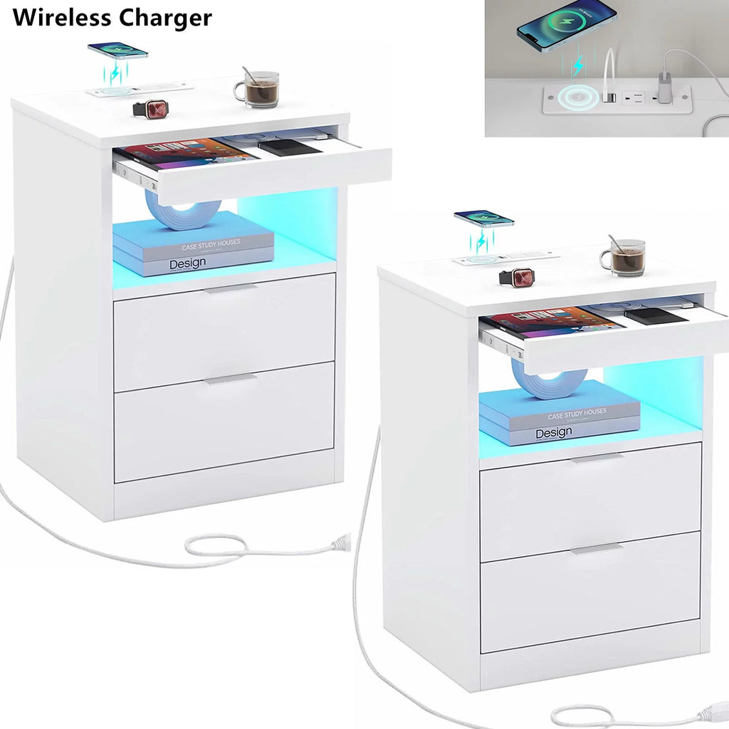Set of 2 Black LED Nightstand with Wireless Charging Station & 2 Drawers J474