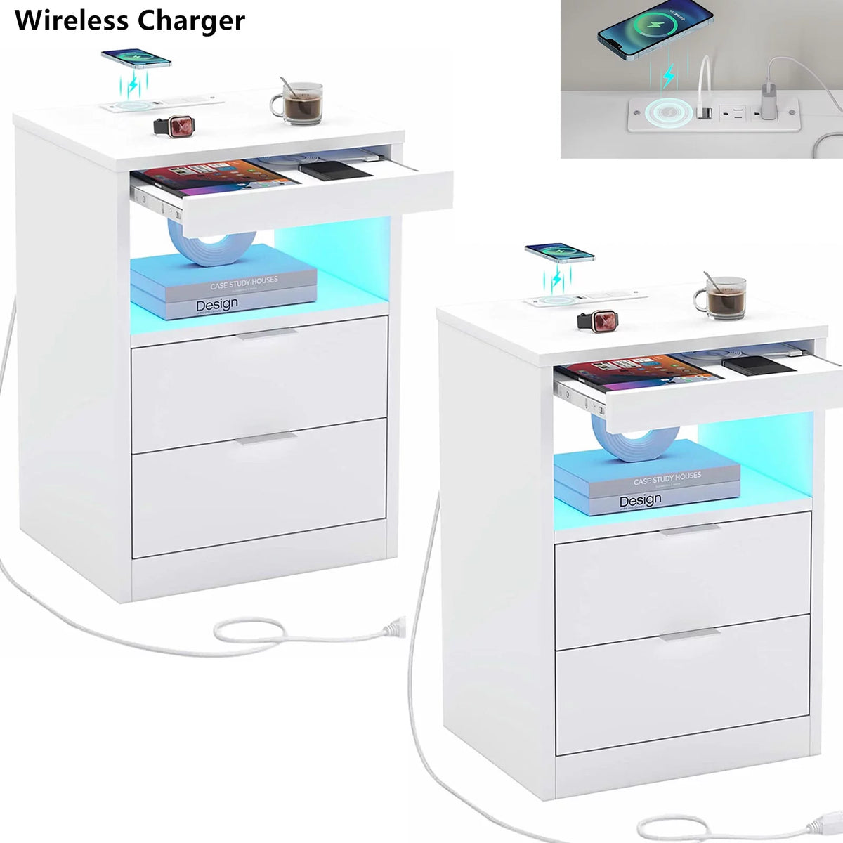 Set of 2 Black LED Nightstand with Wireless Charging Station & 2 Drawers J474