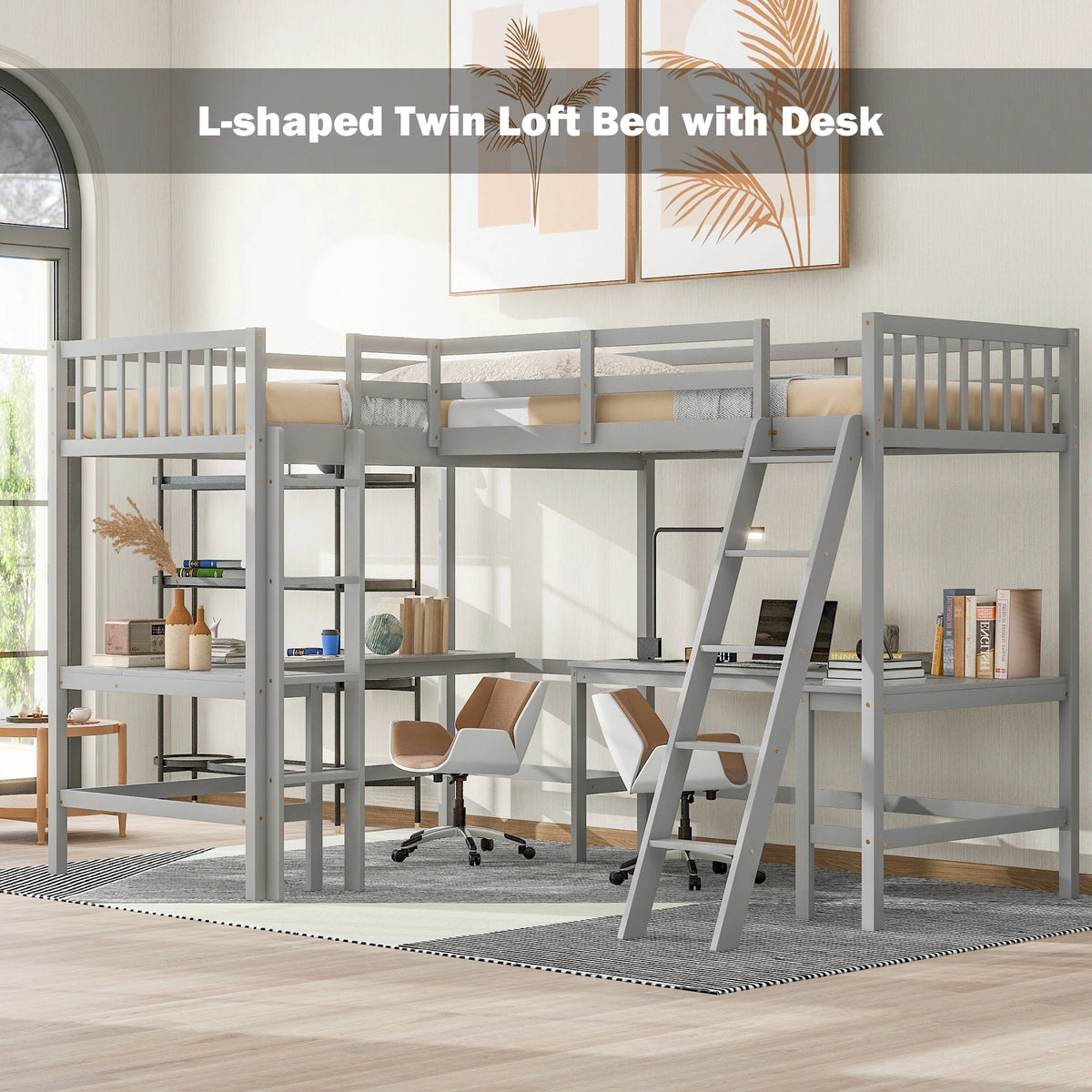 Twin Size L-Shaped Loft Bed with Desk, Ladder and Guardrails D820