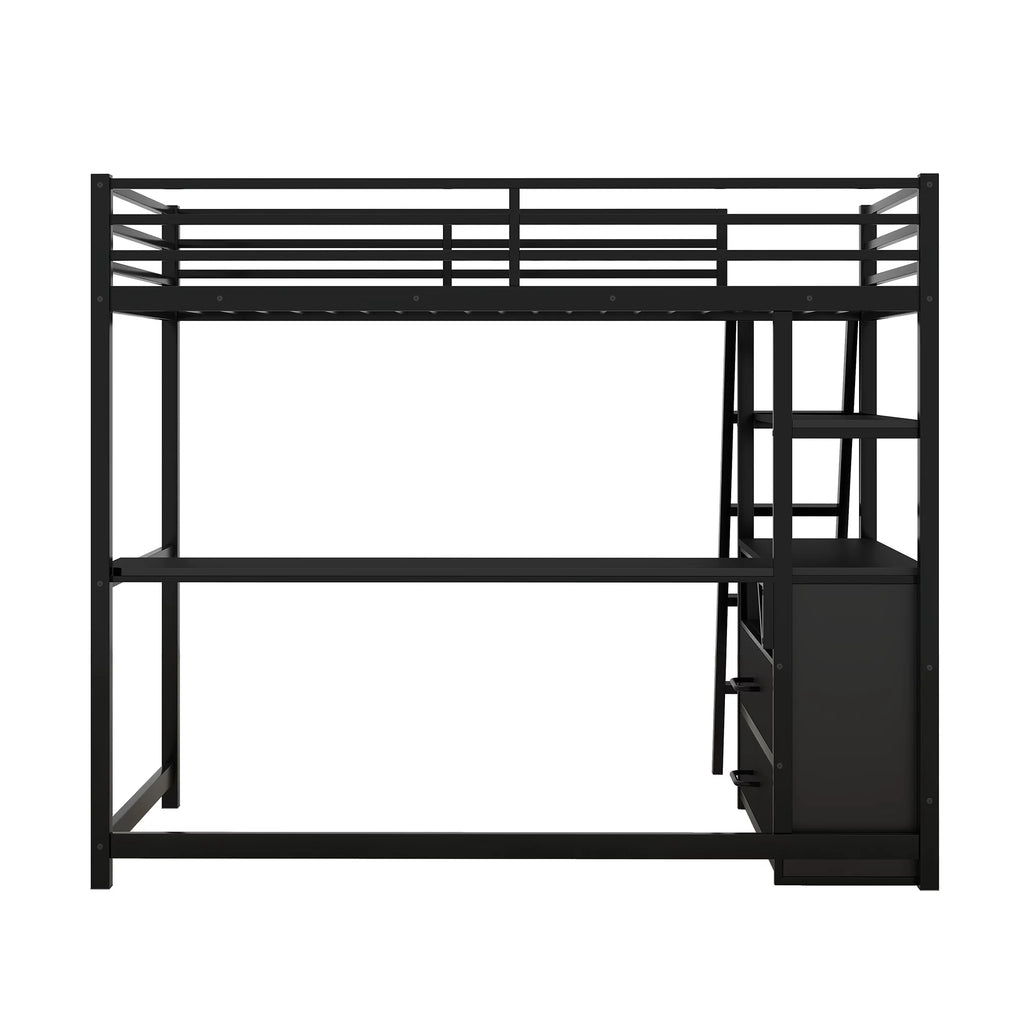 Twin Size Metal Wood Loft Bed with Desk Shelf and Drawers Black S342455