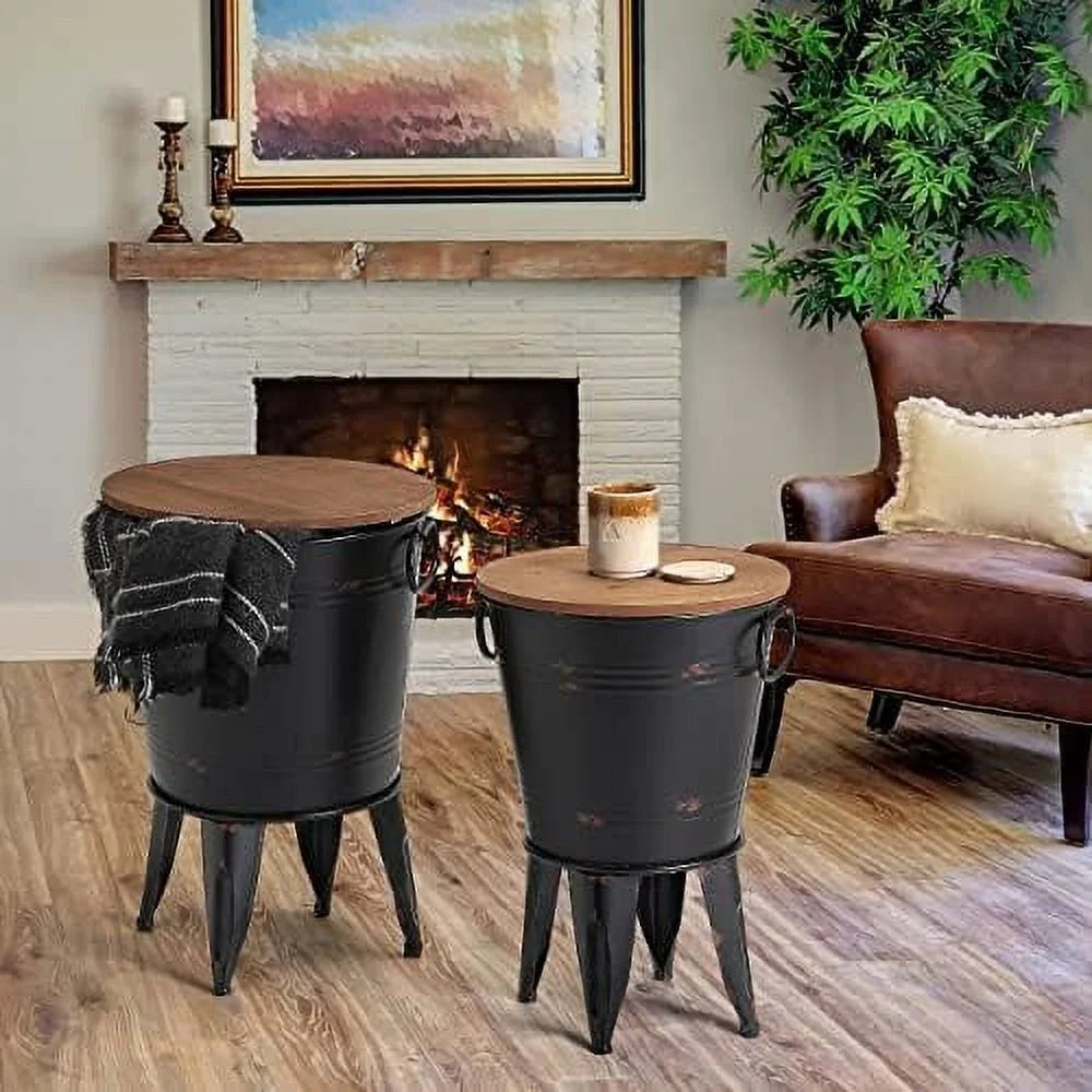Set of 2 Black Metal Wooden Side Table L68651