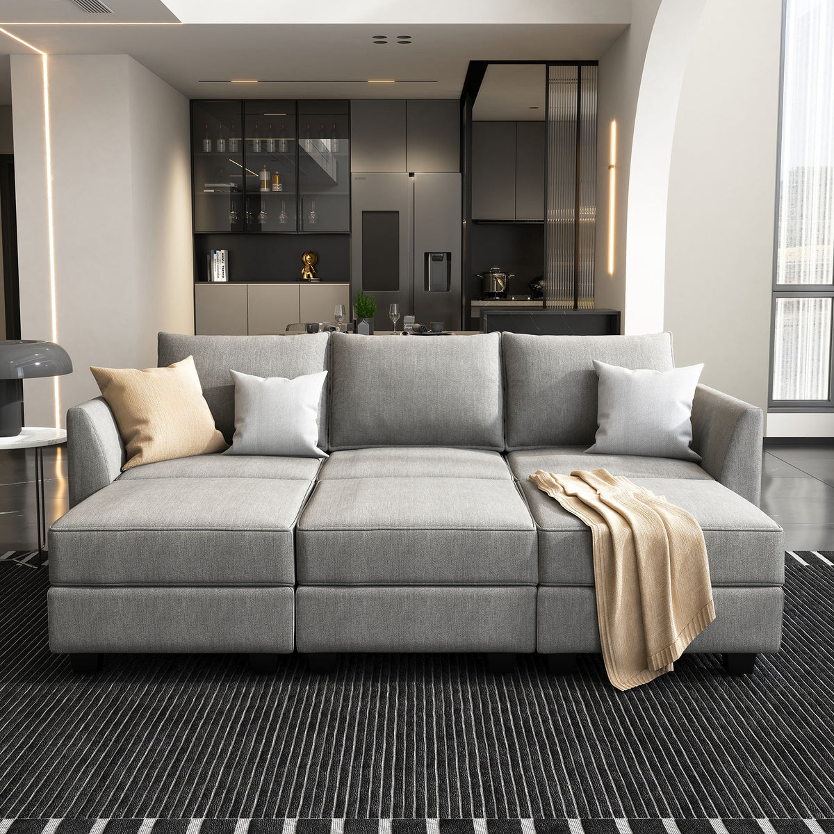 Grey Convertible Fabric Sleeper Sectional Sofa Bed with Storage Ottomans O73038