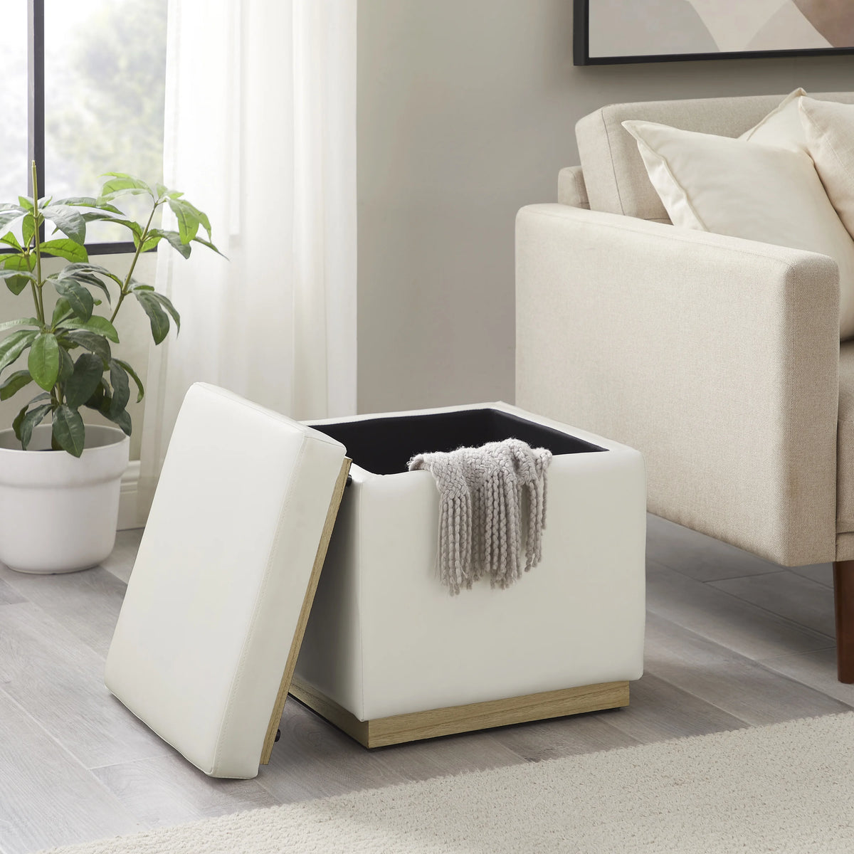 White Faux Leather Square Storage Ottoman Y5227