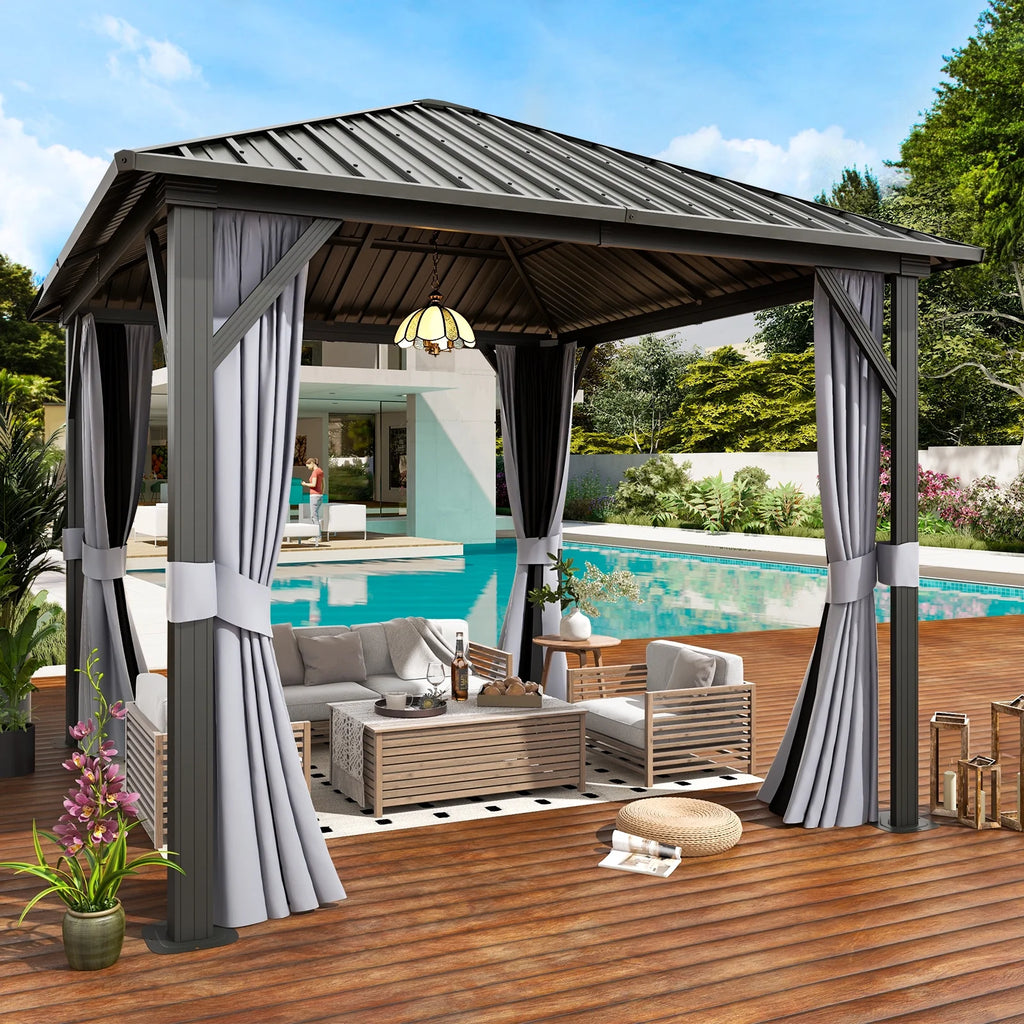 10x 10 Hardtop Gazebo with Netting and Curtain, Gray O34871