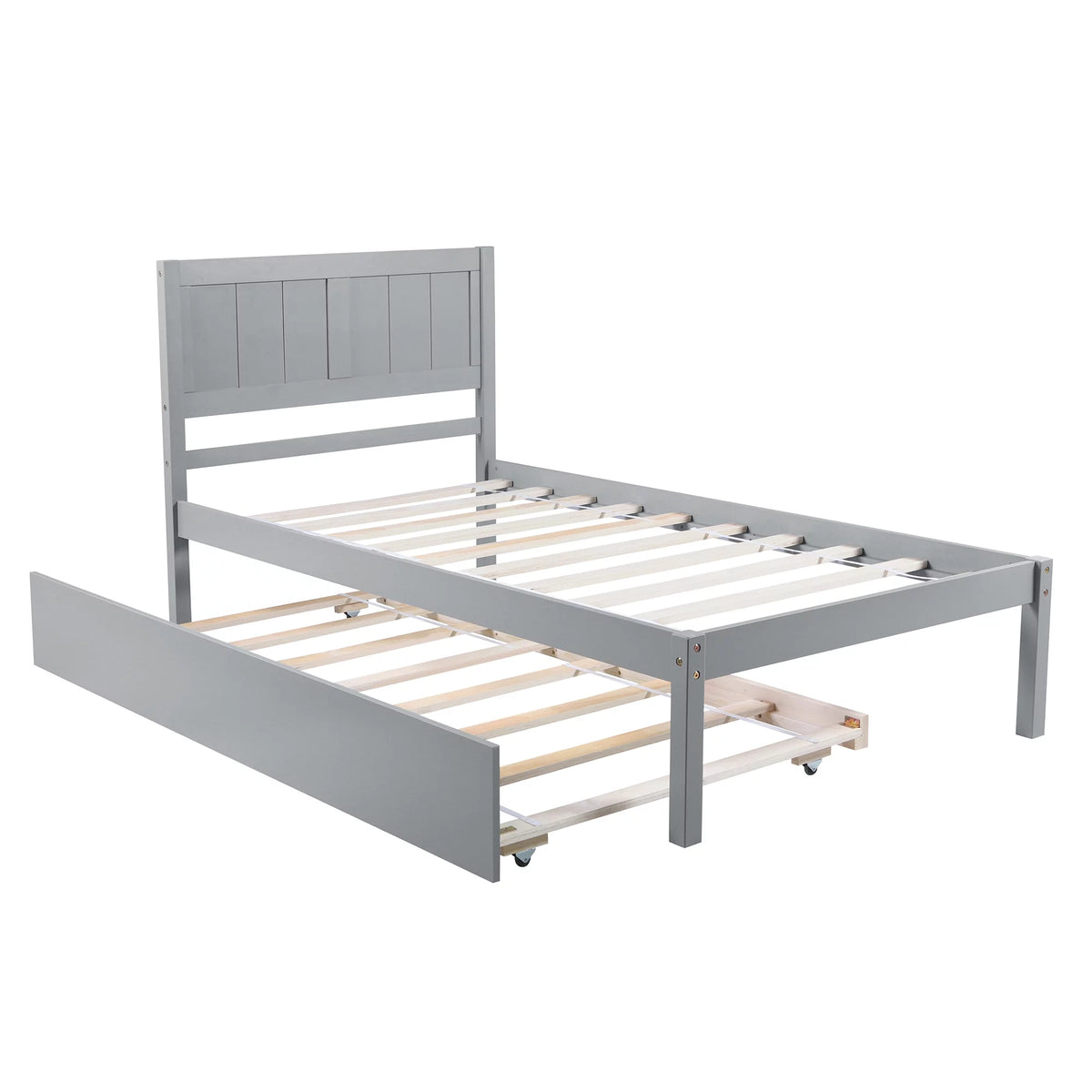 Twin Size Wood Platform Bed with Trundle and Headboard A1675