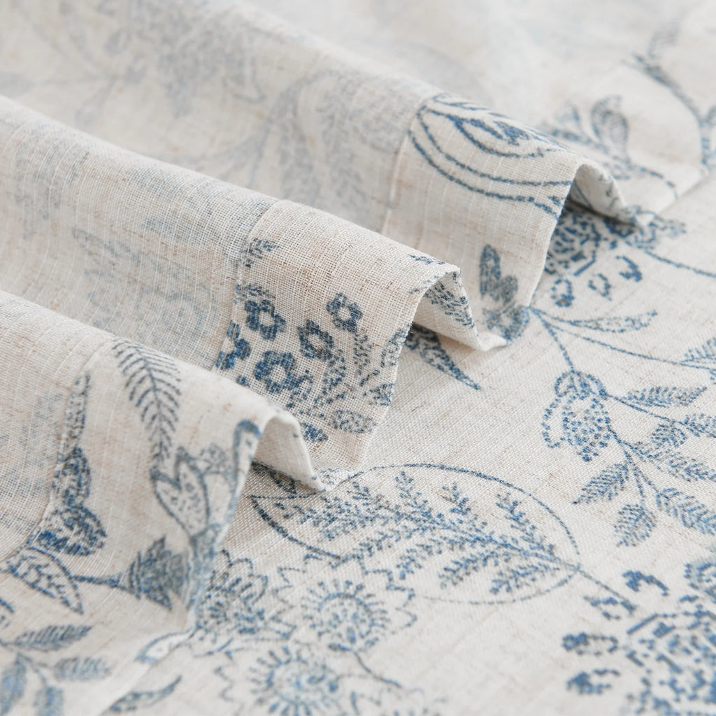 Floral Linen Semi Sheer Curtains 84 inch 2 Panels Blue on Beige H2175