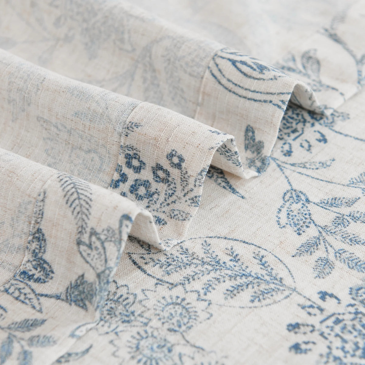 Floral Linen Semi Sheer Curtains 84 inch 2 Panels Blue on Beige H2175