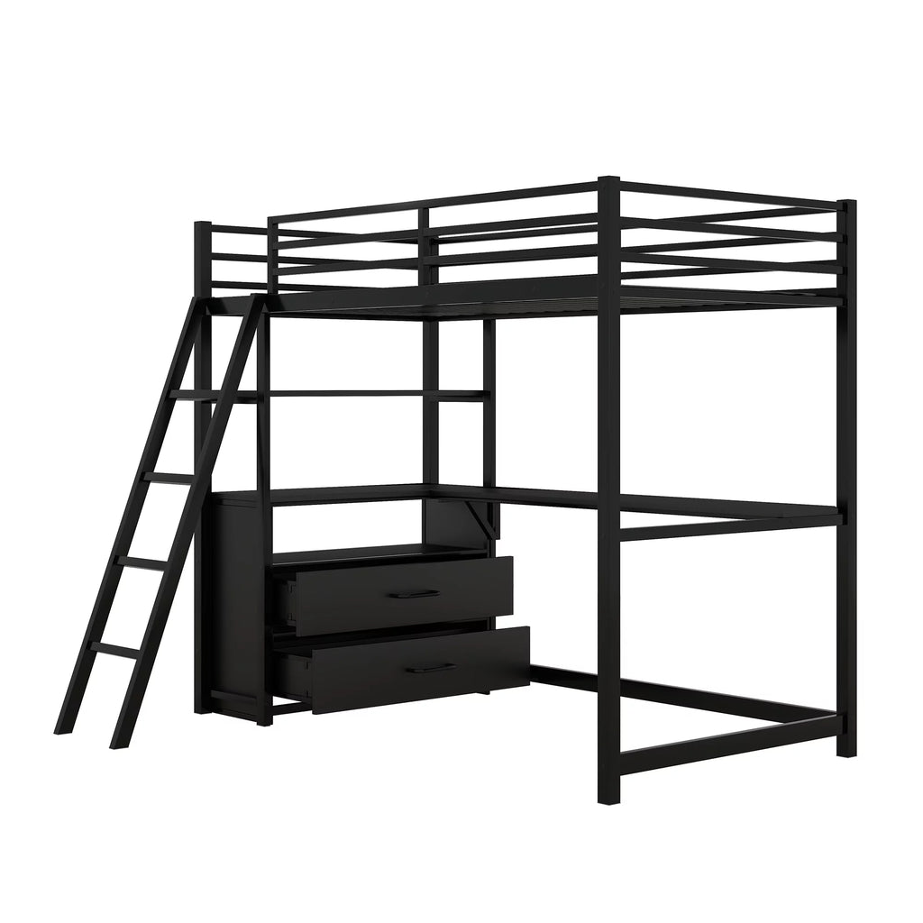 Twin Size Metal Wood Loft Bed with Desk Shelf and Drawers Black S342455