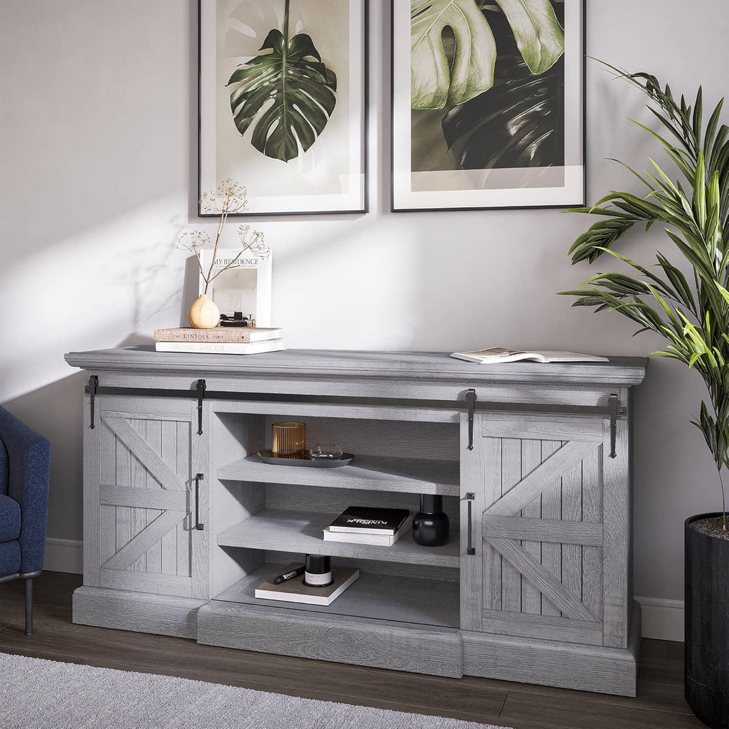 Modern Farmhouse TV Stand with Adjustable Shelves and Barn Doors V9920