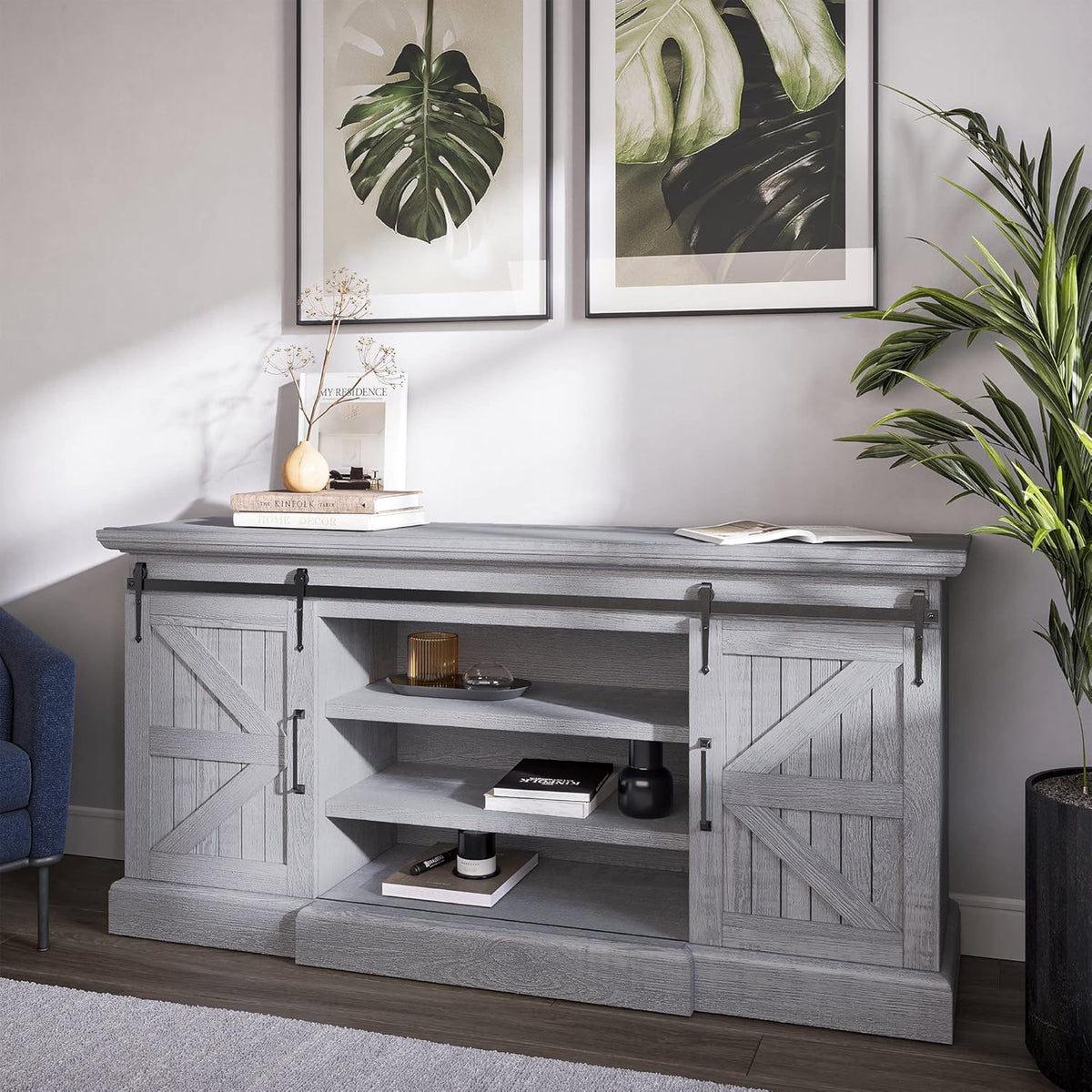 Modern Farmhouse TV Stand with Adjustable Shelves and Barn Doors V9920