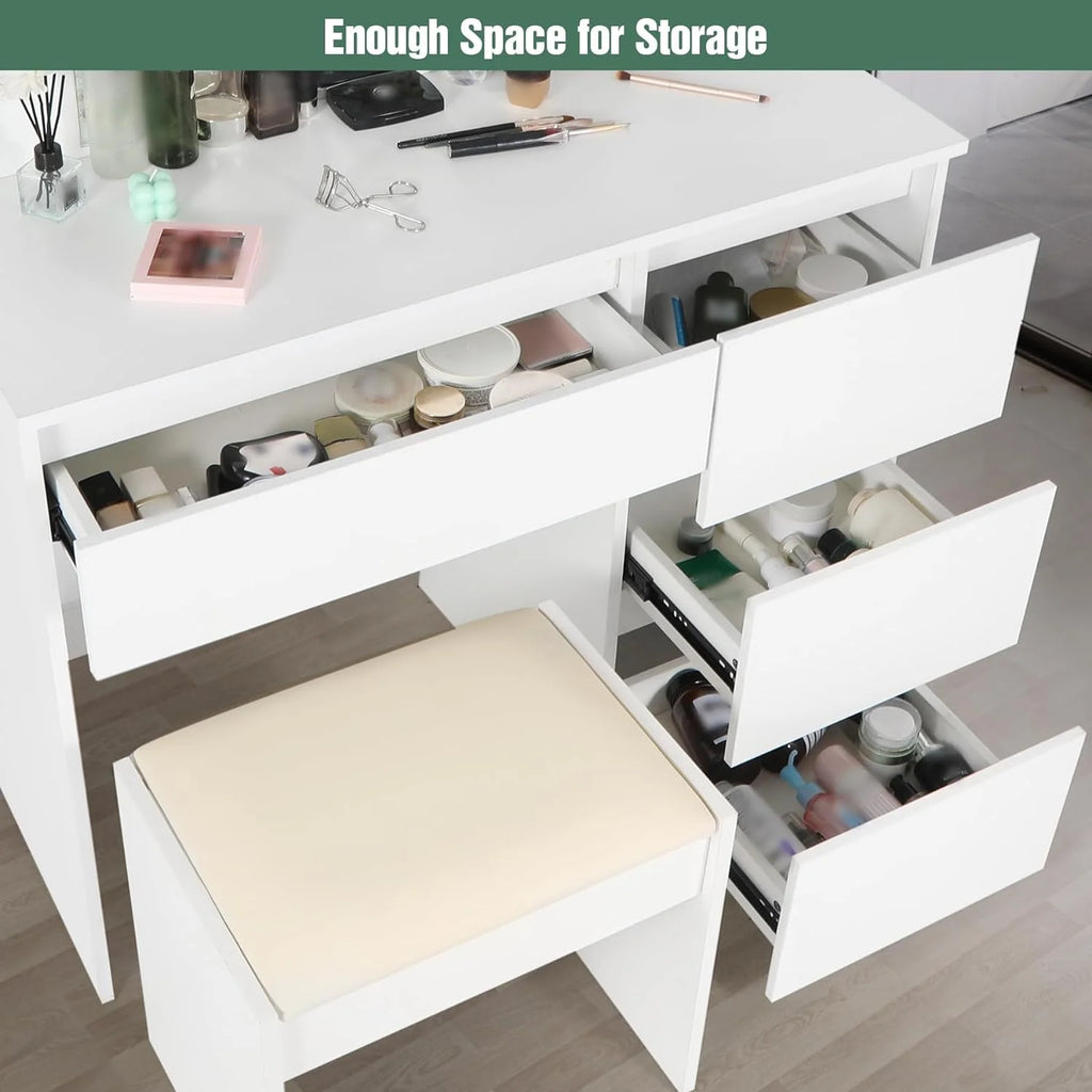 White Makeup Vanity Set with Lights, 4 Drawers and Cushioned Stool W704953
