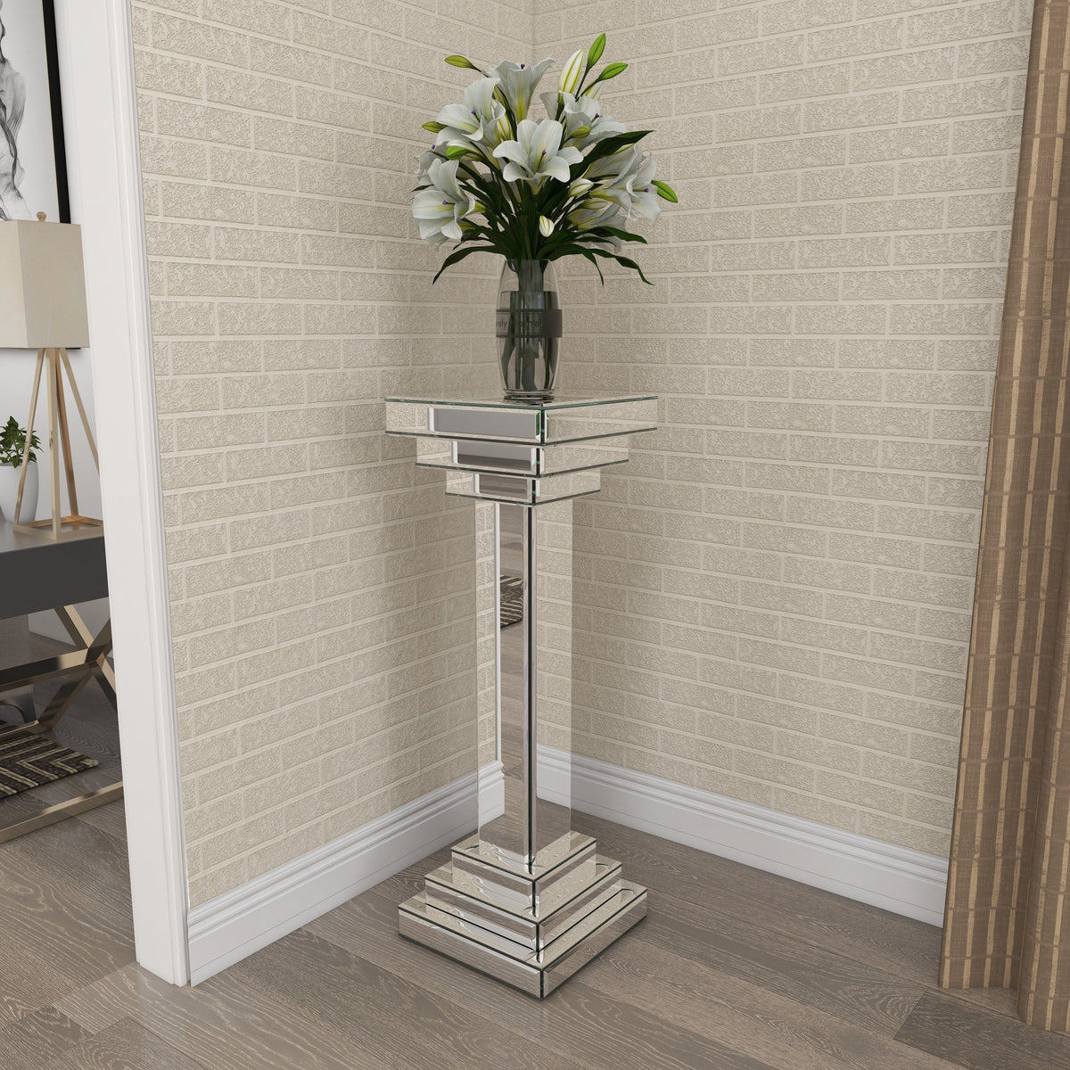 12" x 36" Silver Glass Mirrored Pedestal Table M58606