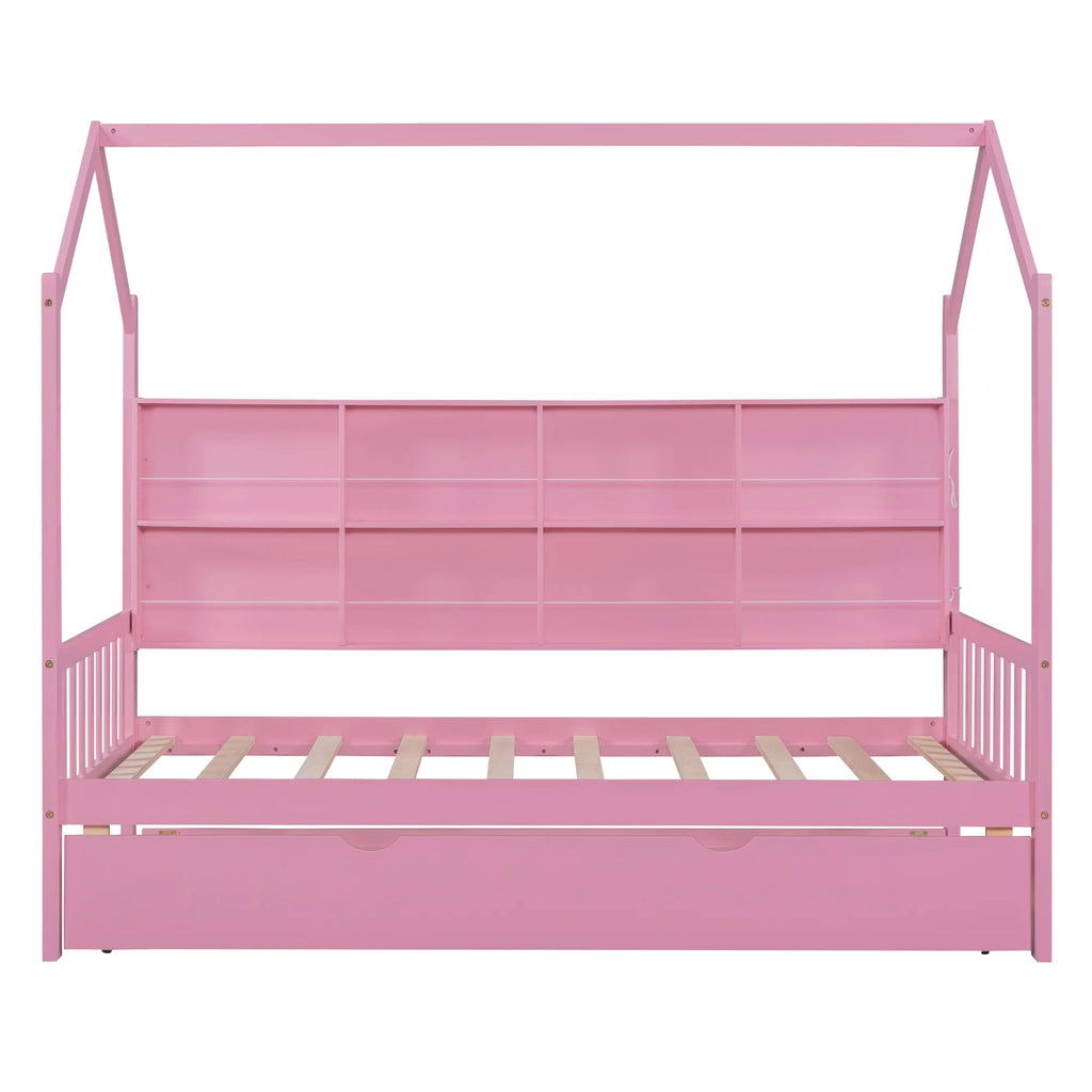Wooden Twin Size House Bed with Trundle and Shelf X356