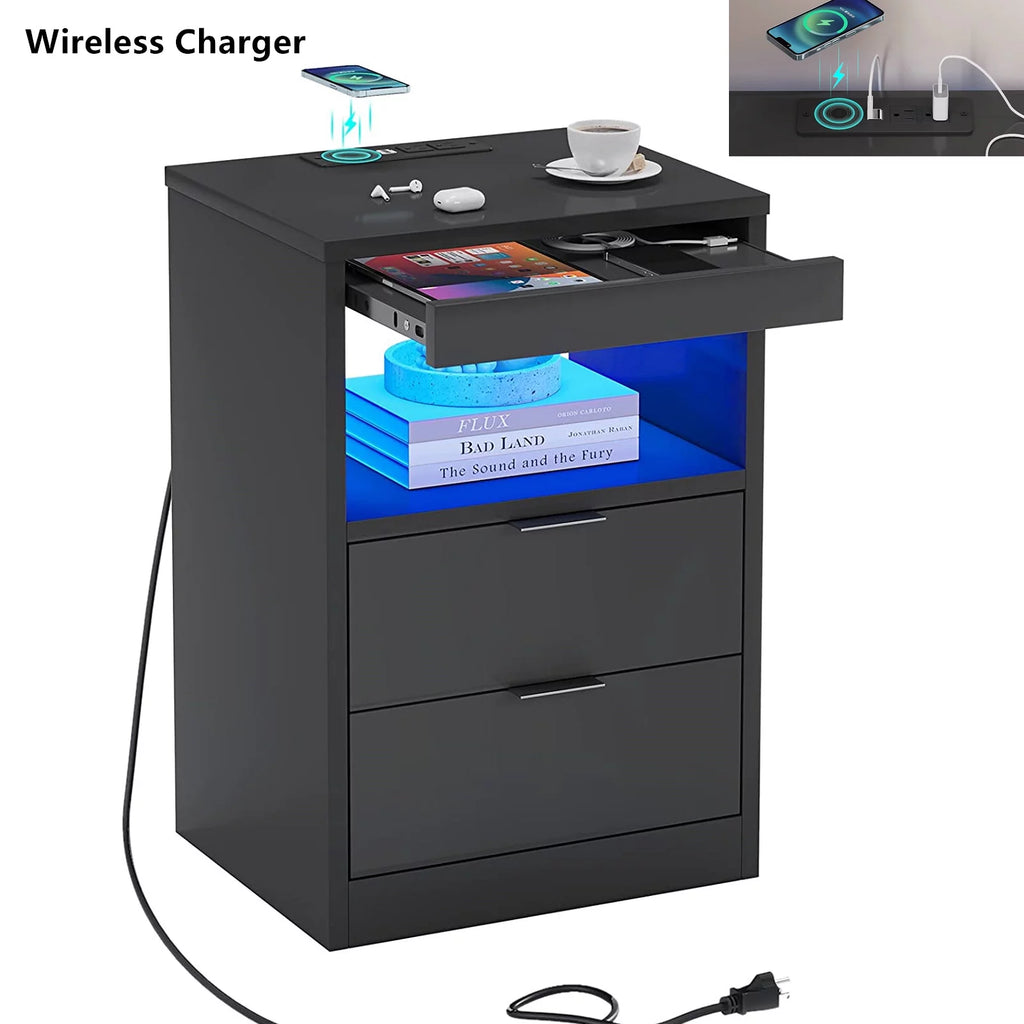 Set of 2 Black LED Nightstand with Wireless Charging Station & 2 Drawers J474