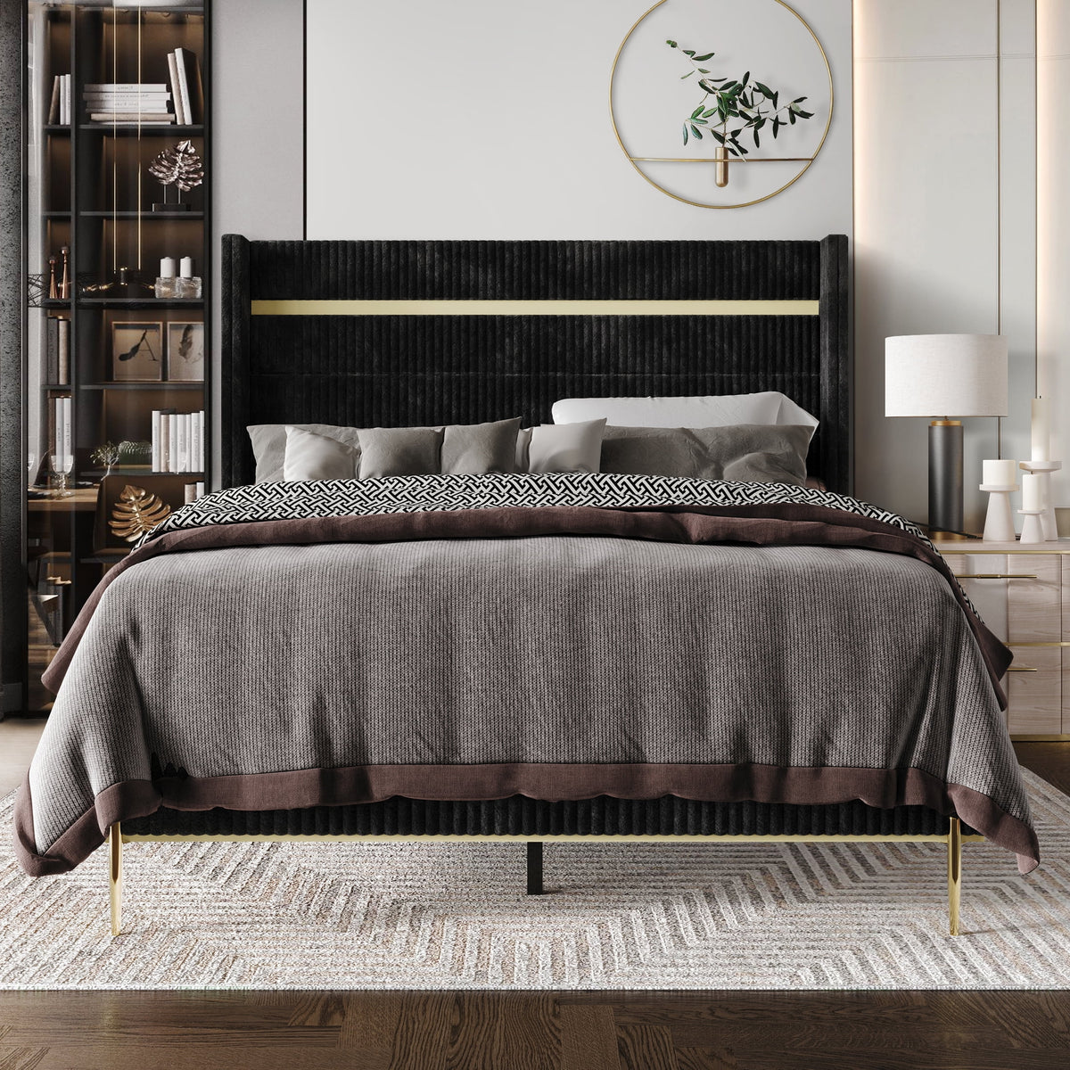Gold PU Strip Wingback Velvet Upholstered Bed Black, Full C1777