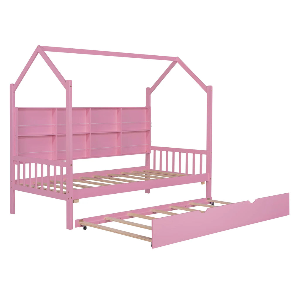 Wooden Twin Size House Bed with Trundle and Shelf X356