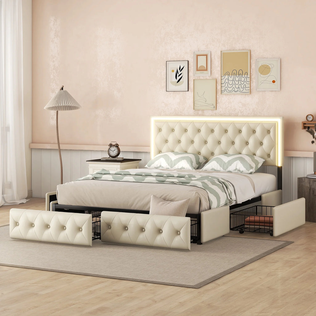 Beige Queen Upholstered Platform Bed Frame with 4 Storage Drawers U7095