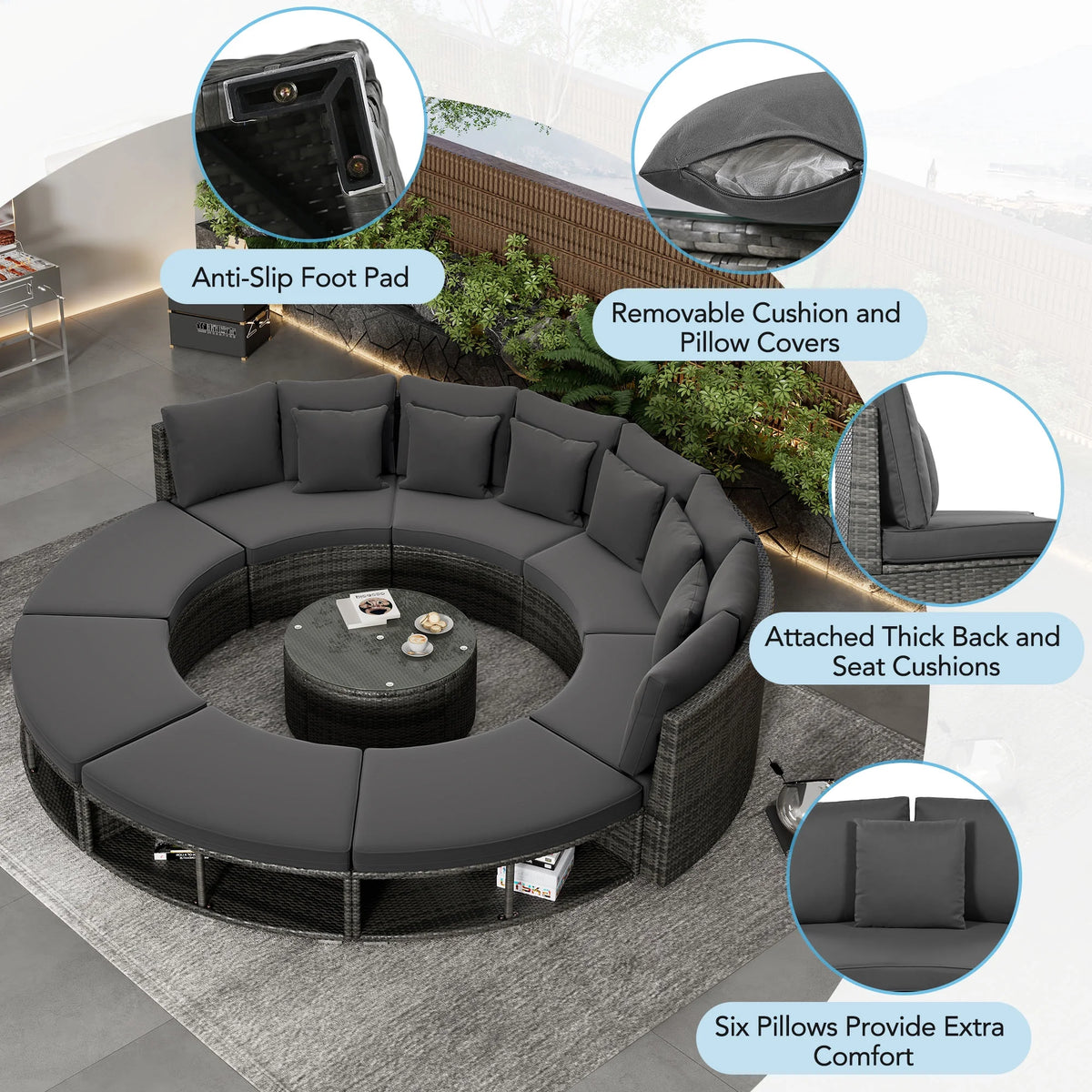 9-Piece Rattan Wicker Sectional Sofa Set with Cushions Q92442