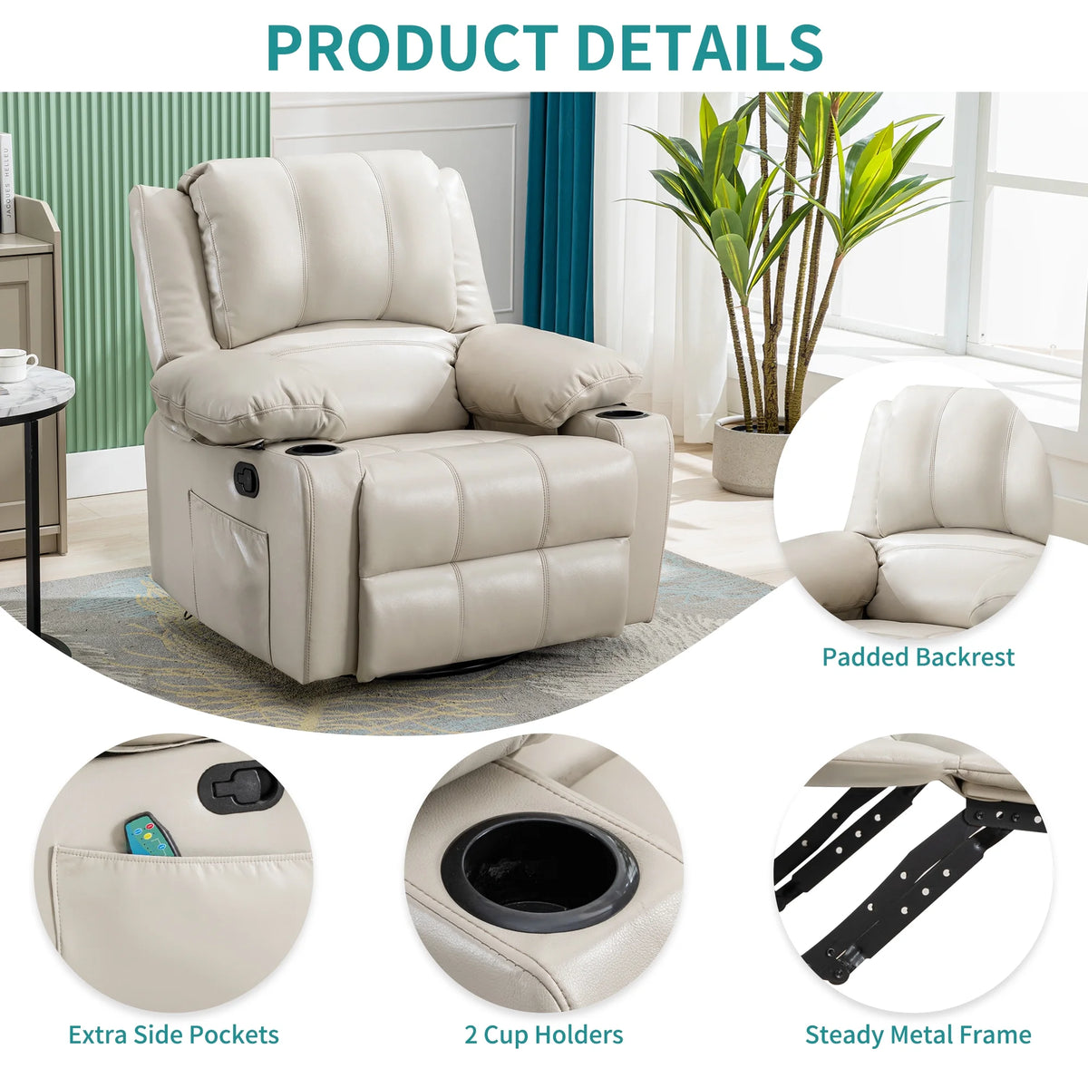 38.19" Wide Manual Swivel Rocker Recliner Chair with Massager and Heat P19712