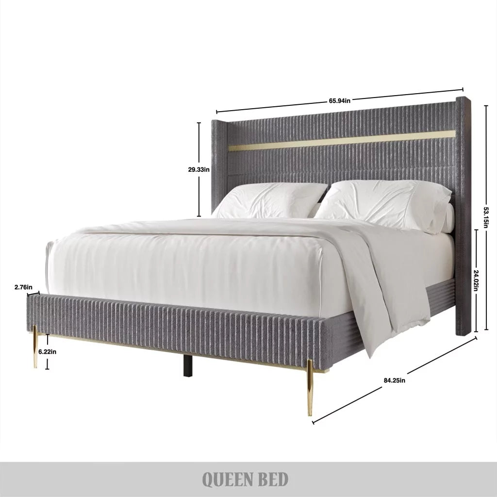 Gold PU Strip Wingback Velvet Upholstered Bed Black, Full C1777