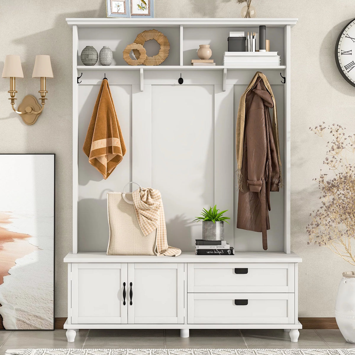 White Hall Tree with Storage Cabinet and 2 Drawers Z449588