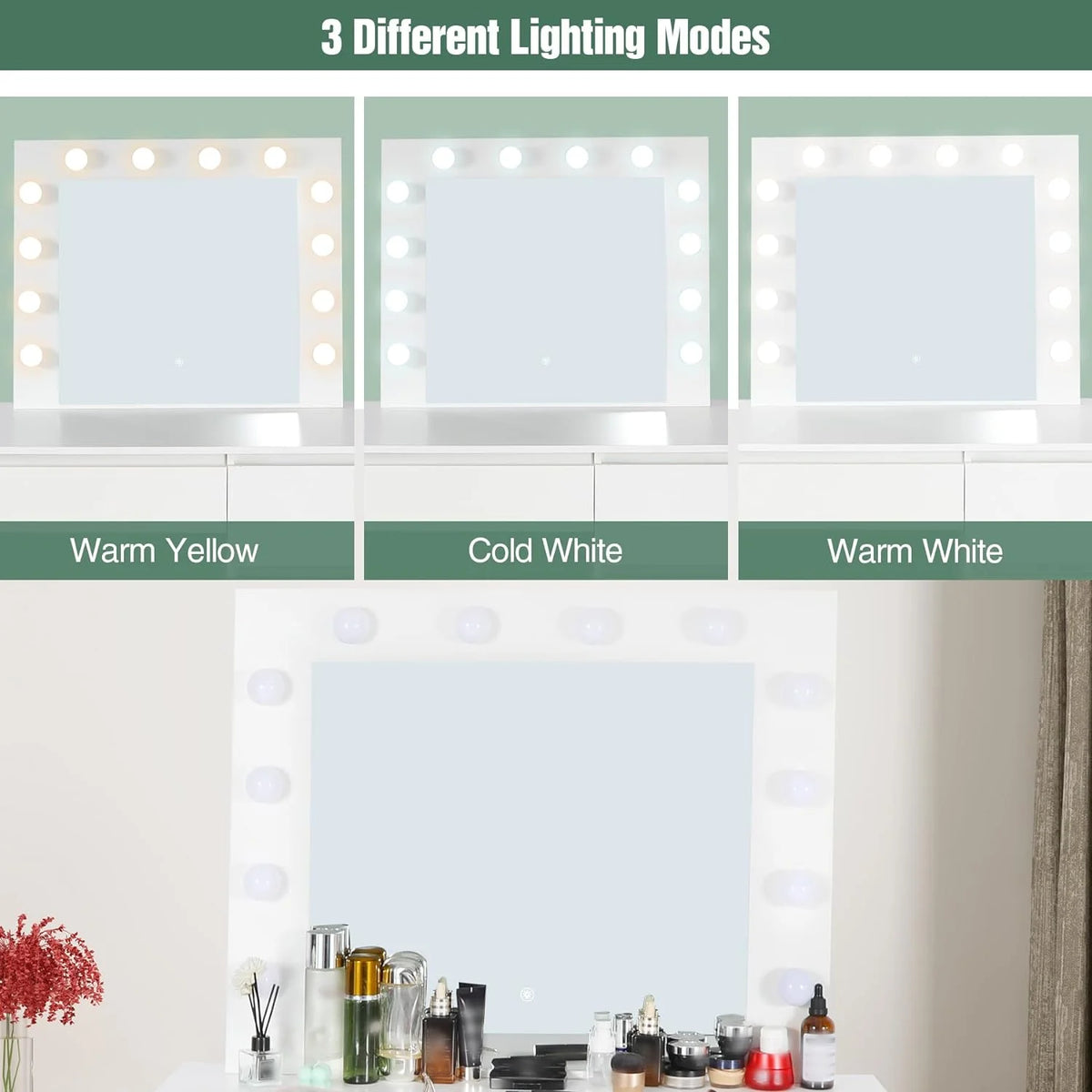 White Makeup Vanity Set with Lights, 4 Drawers and Cushioned Stool W704953