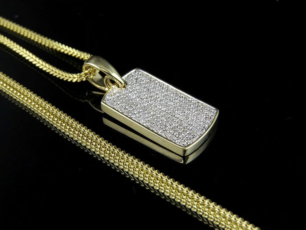 10K Yellow Gold Dogtag Diamond Pendant with 10K Franco Chain E954