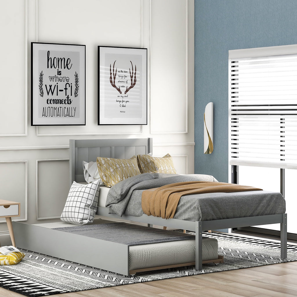 Twin Size Wood Platform Bed with Trundle and Headboard A1675